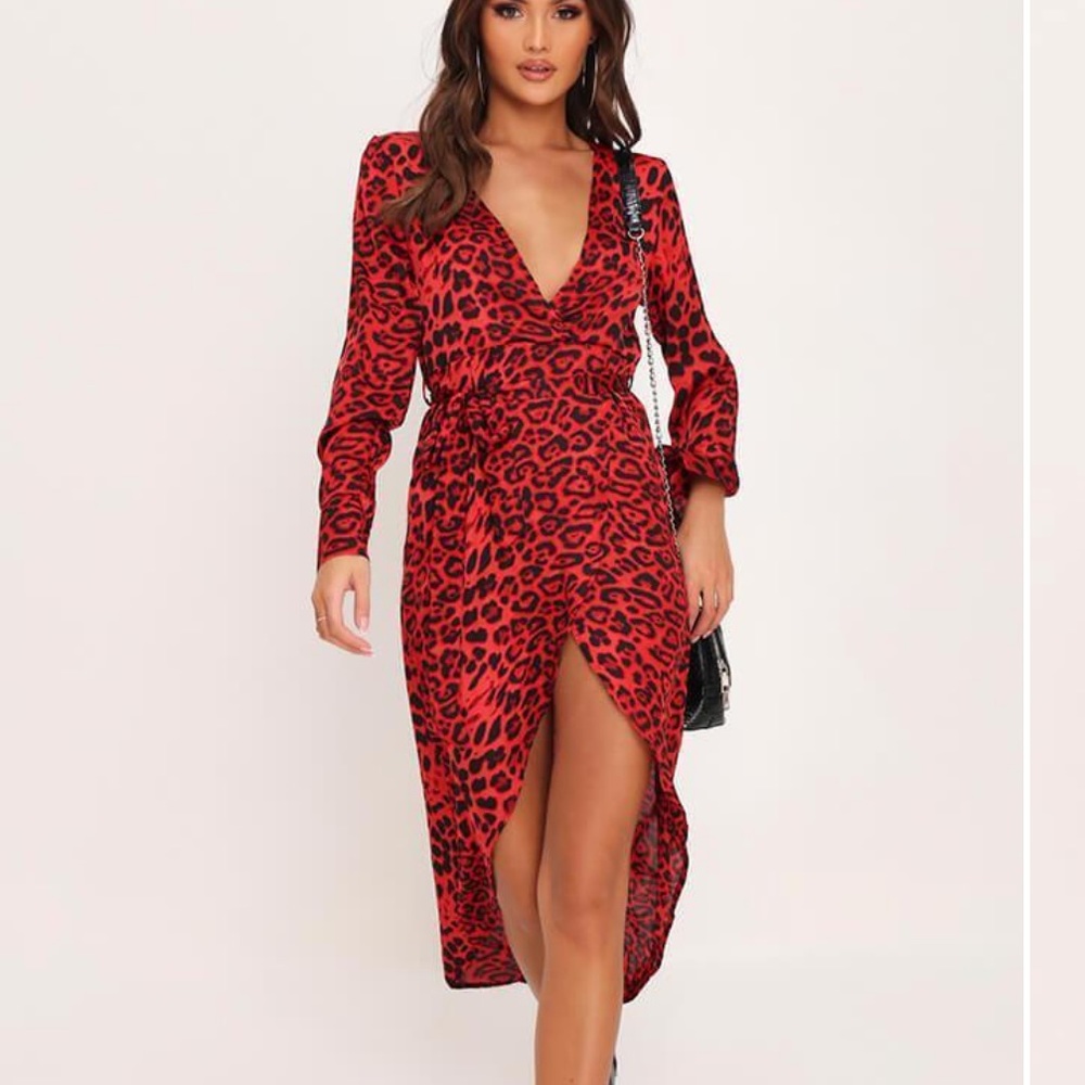 Red leopard v neck high low dress